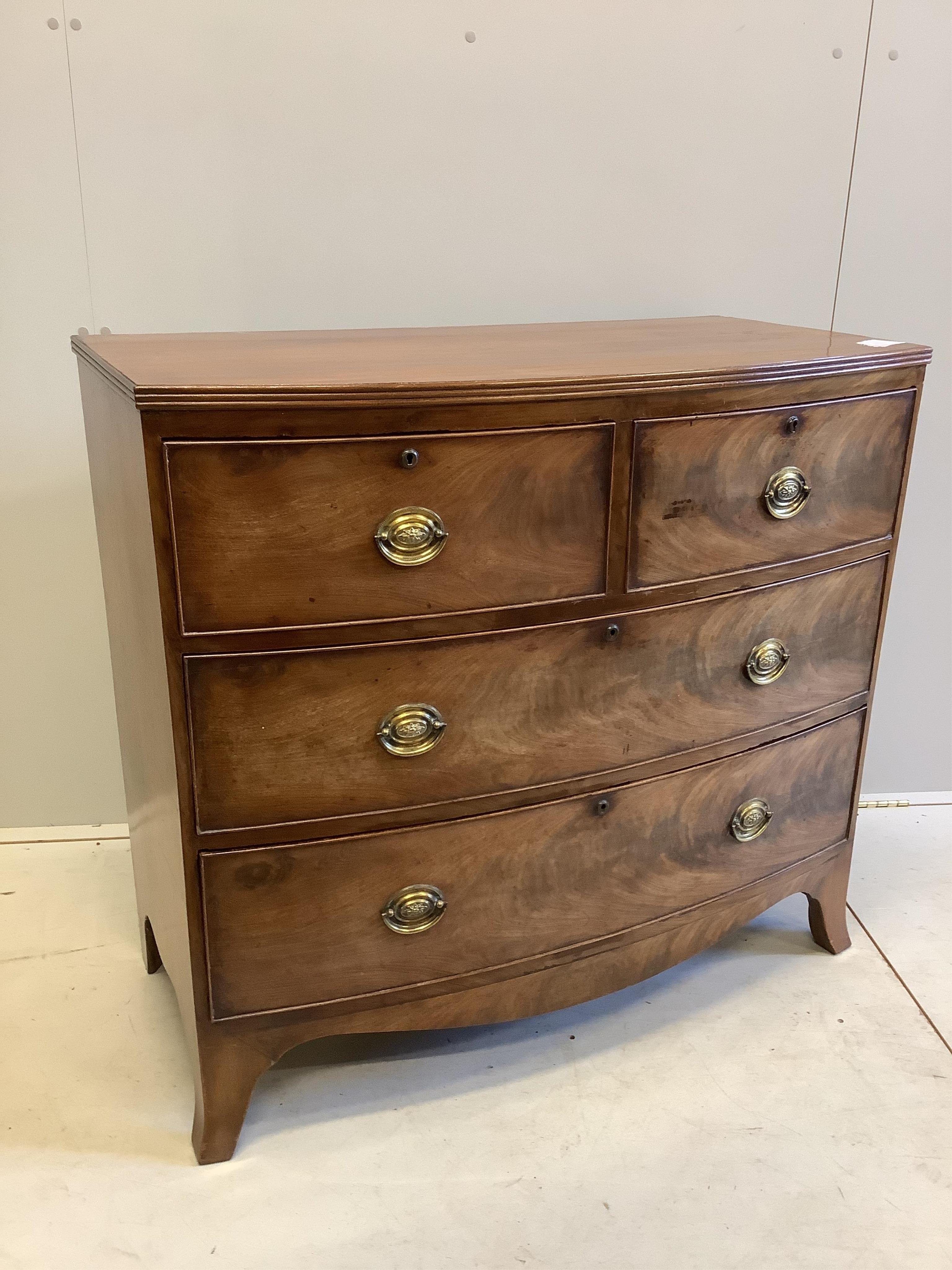 A Regency mahogany bow fronted chest, fitted two short and two long drawers, width 102cm, depth 52cm, height 93cm. Condition - fair